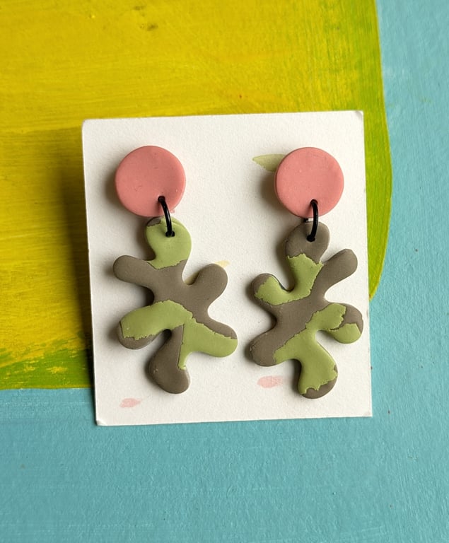 Camo and orange splat  dangly earings 