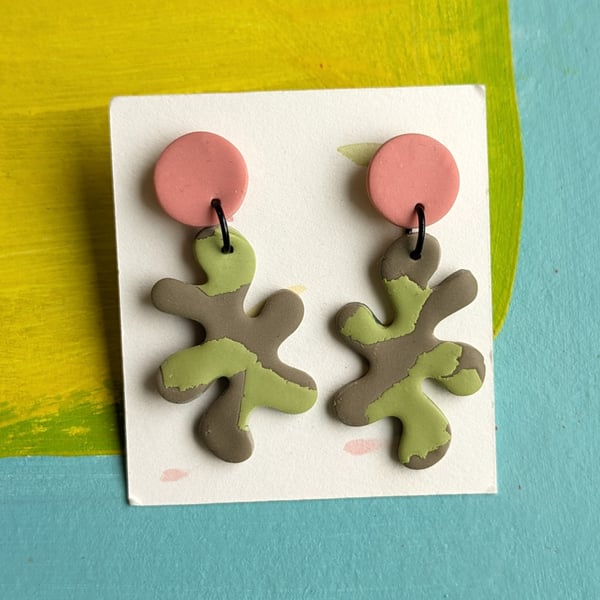 Camo and orange splat  dangly earings 