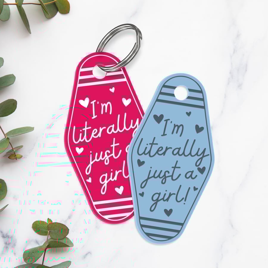 Retro Motel Keyring – “I’m Just a Girl” Acrylic Keychain - Hearts: Gift for Her