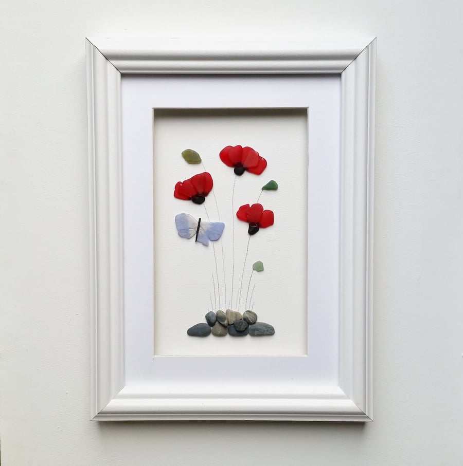 Sea Glass Art Poppies, Sea Glass Red Poppy, Flowers, Unusual Gifts for women