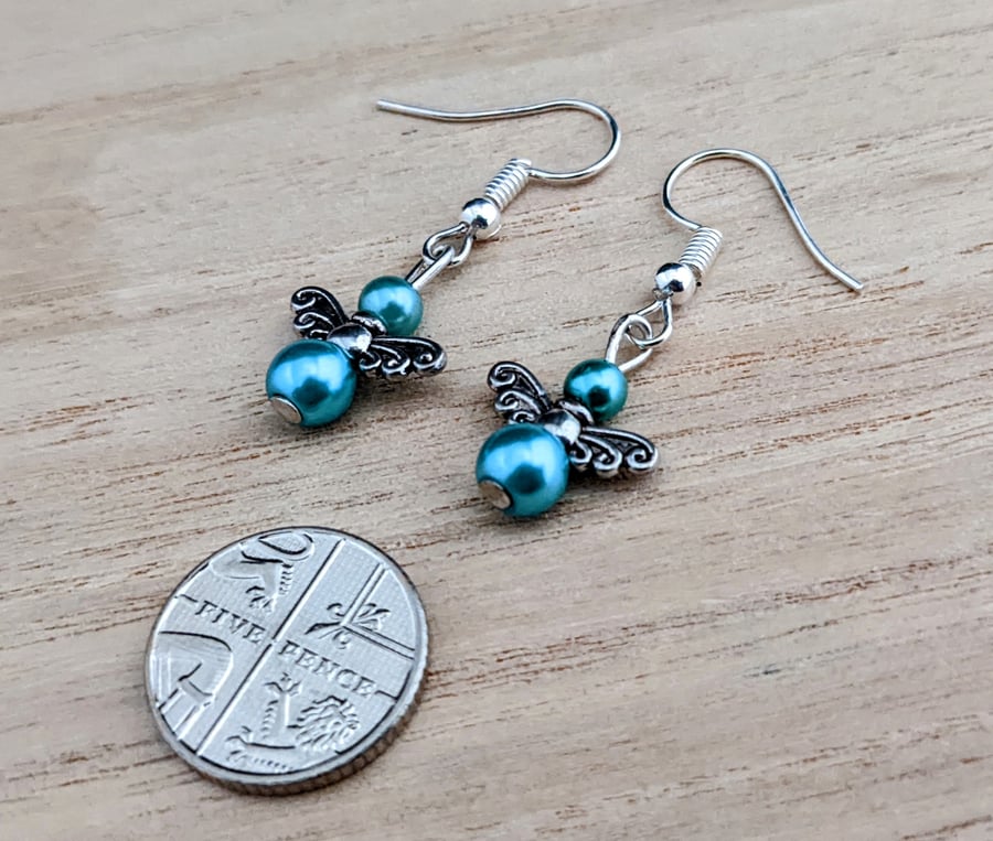 Tiny turquoise pearl angel earrings