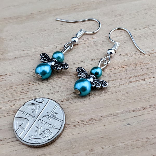Tiny turquoise pearl angel earrings