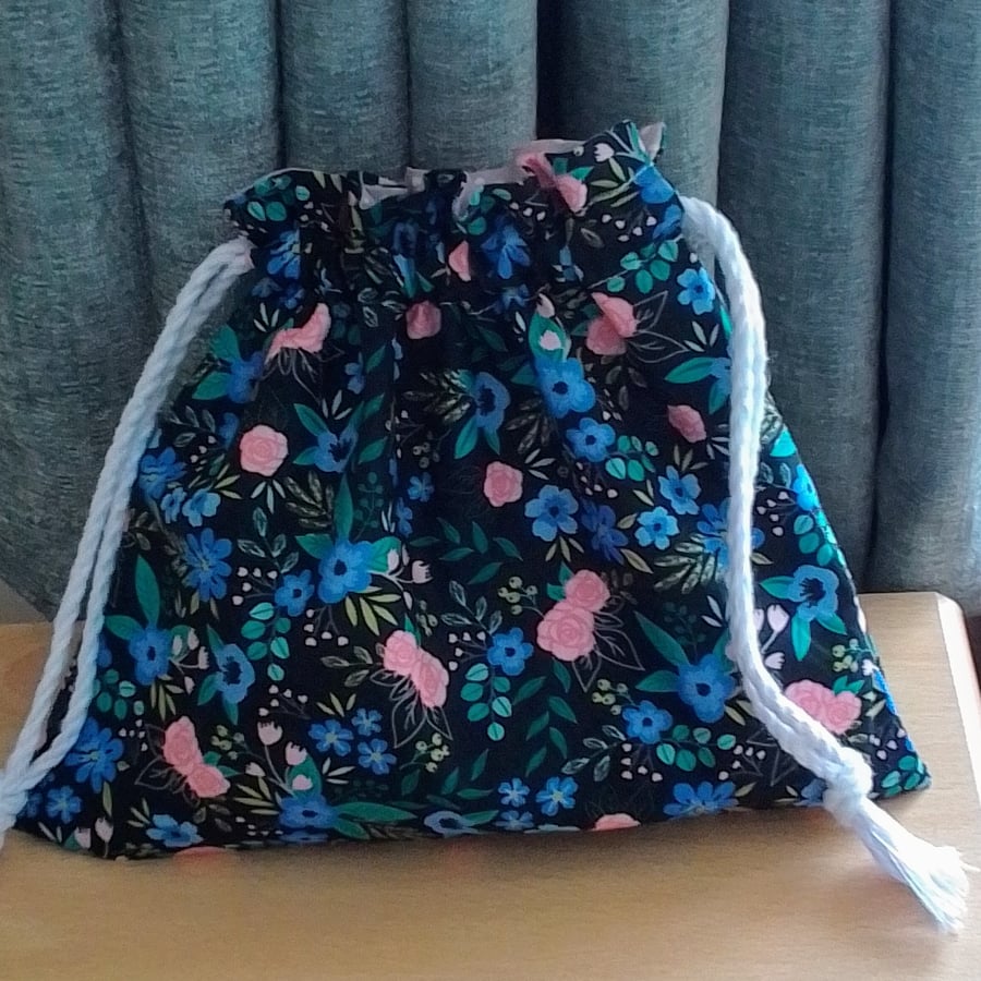 Cotton Drawstring Bag in Pink and Blue  Floral Pattern 