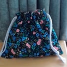 Cotton Drawstring Bag in Pink and Blue  Floral Pattern 
