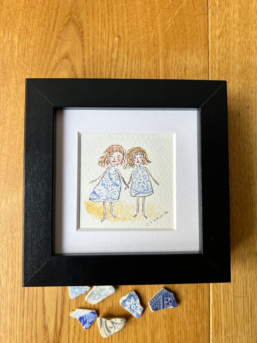 Mini Sandy Beach Girls, Framed artwork - Original Watercolour illustration