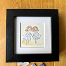Mini Sandy Beach Girls, Framed artwork - Original Watercolour illustration