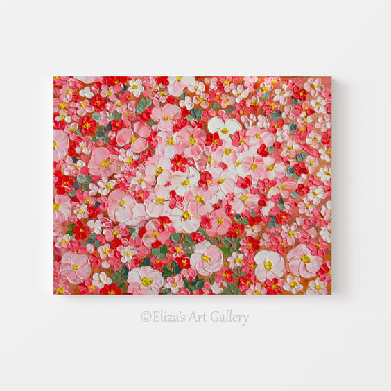 Original Red Pink White Flowers on Stretched Canvas Oil Painting