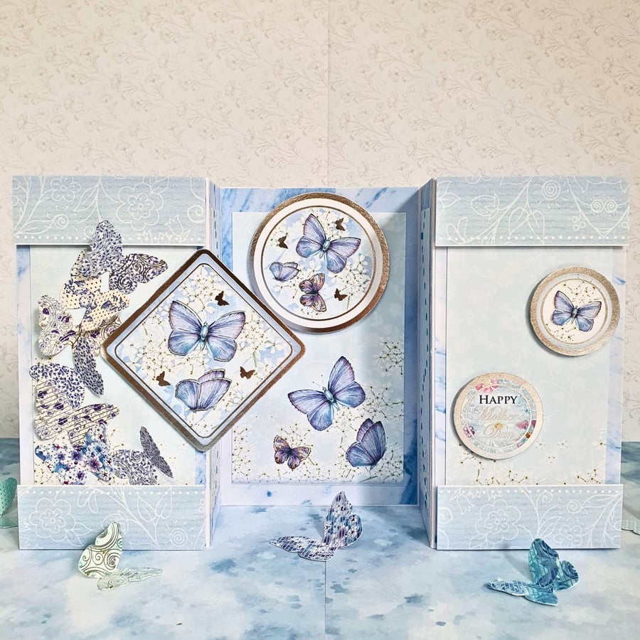 "Happy Mother's Day" Greeting Card With Butterflies, Soft Blue, Gatefold