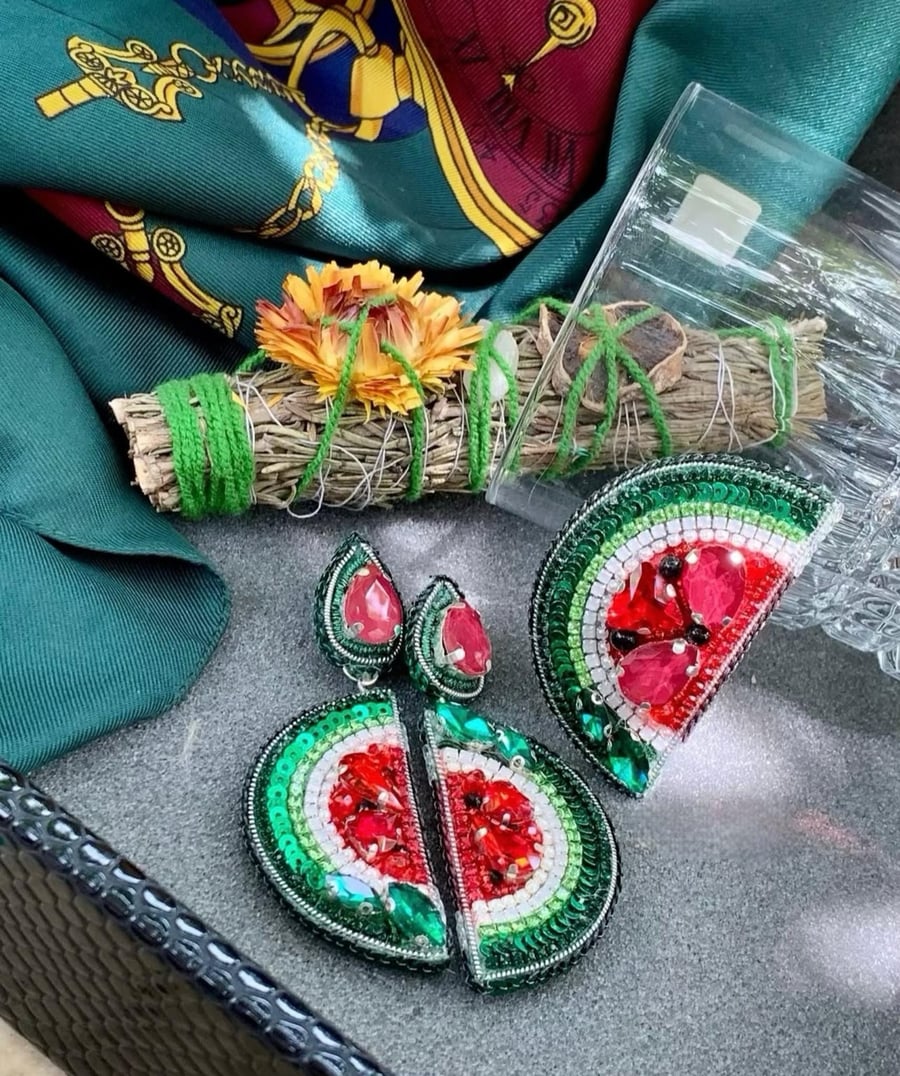 Handmade Watermelon Slice Beaded Earrings for Summer Fashion, Statement Jewelry,