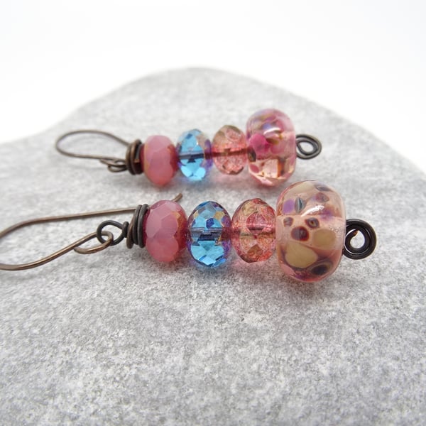 Lampwork Glass Earrings,Czech Glass Earrings, Pink Earrings, Rondelle Earrings.