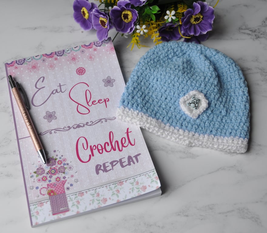 0-3 Months Hand Crochet Baby Beanie Boy Hat Crocheted Blue Teddy Bear Button