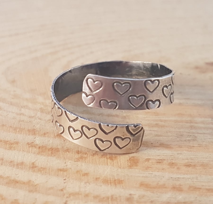 Sterling Silver Hand Stamped Heart Cross Over Adjustable Ring