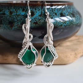 925 Silver & Natural Green Malachite Crystal Dangle Drop Earrings Gift Jewellery