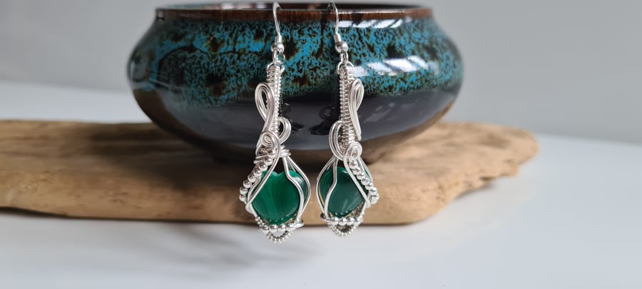 925 Silver & Natural Green Malachite Crystal Dangle Drop Earrings Gift Jewellery