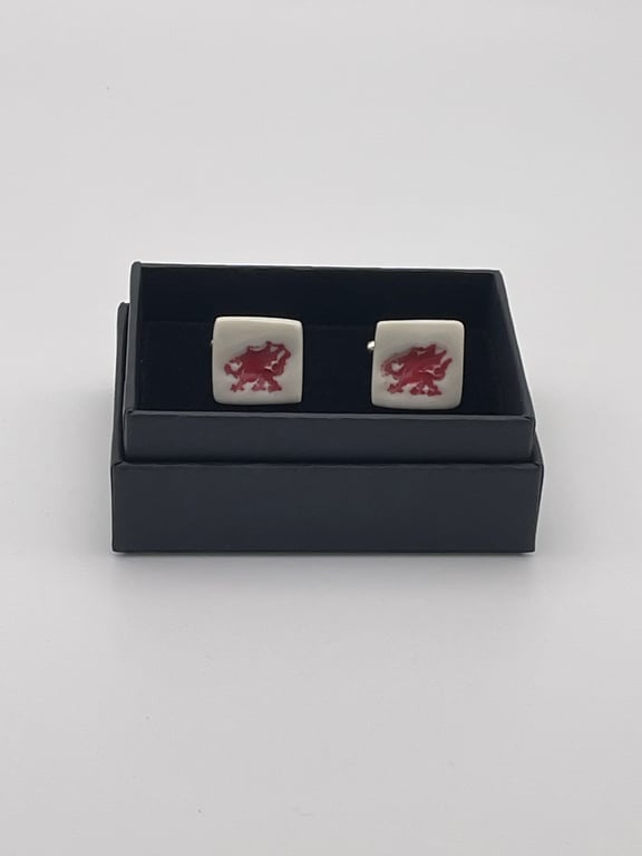 Porcelain Welsh Dragon Cufflinks with sterling silver fittings