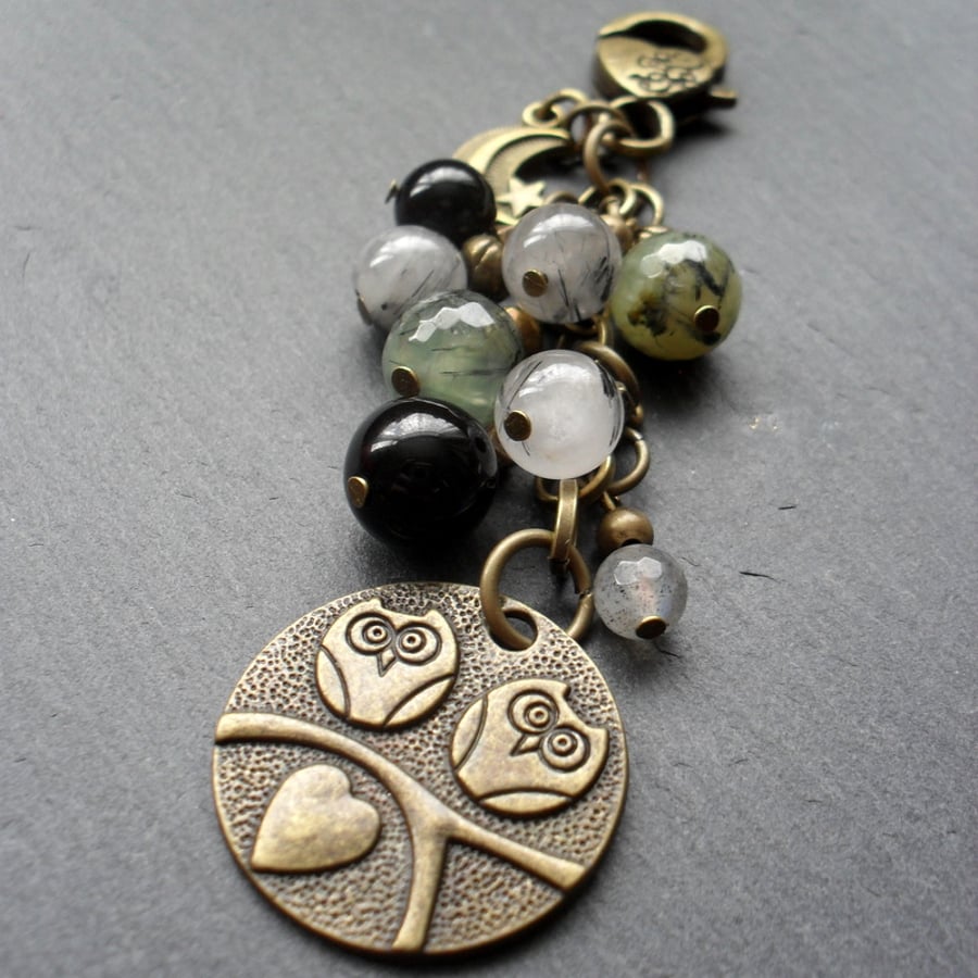 Bronze Owl Bag Charm With Semi Precious Gemstones