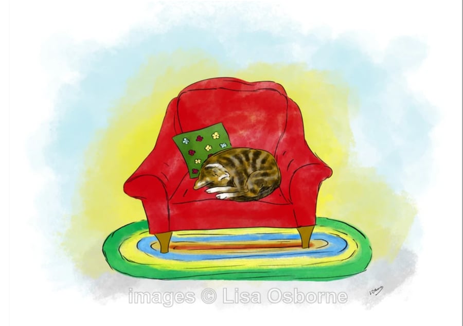 Cat on a red chair - digital illustration of a sleeping tabby cat