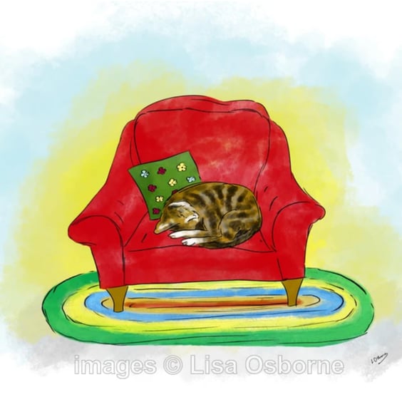 Cat on a red chair - cat print - tabby cat