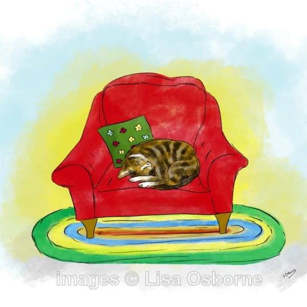 Cat on a red chair - digital illustration of a sleeping tabby cat