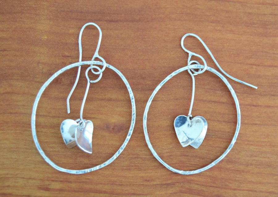 Sterling Silver Hammered Hoop Earrings with double heart drop by MidasTouch Jewe
