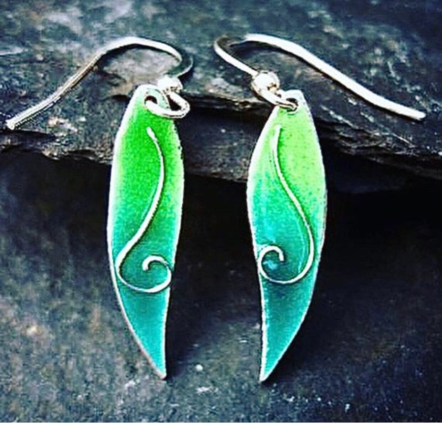 Green enamel earrings, leaf earrings, enamel, enamel earrings, nature, gift , 