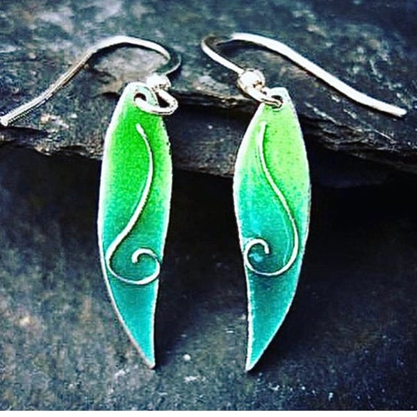Green enamel earrings, leaf earrings, enamel, enamel earrings, enamel jewelry, 
