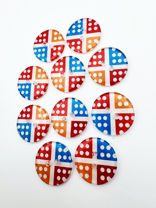 10 Polka Dot Buttons, 15mm Wide, Multicoloured, Quartered Design, Spots, Dotty