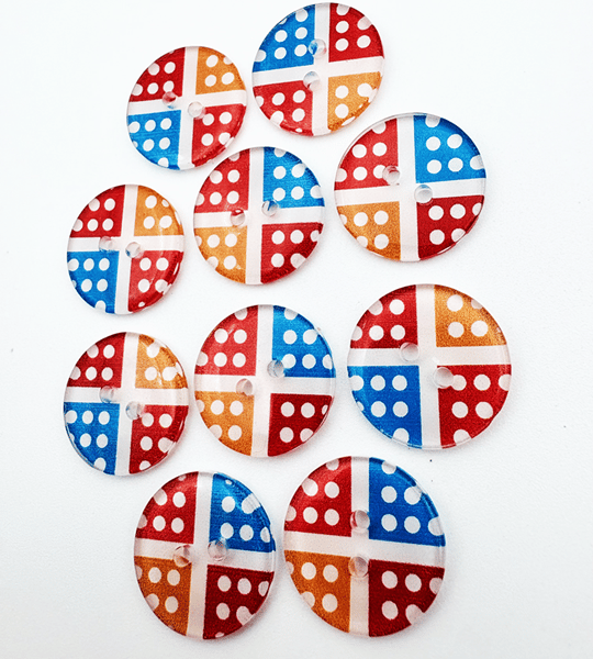 10 Polka Dot Buttons, 15mm Wide, Multicoloured, Quartered Design, Spots, Dotty