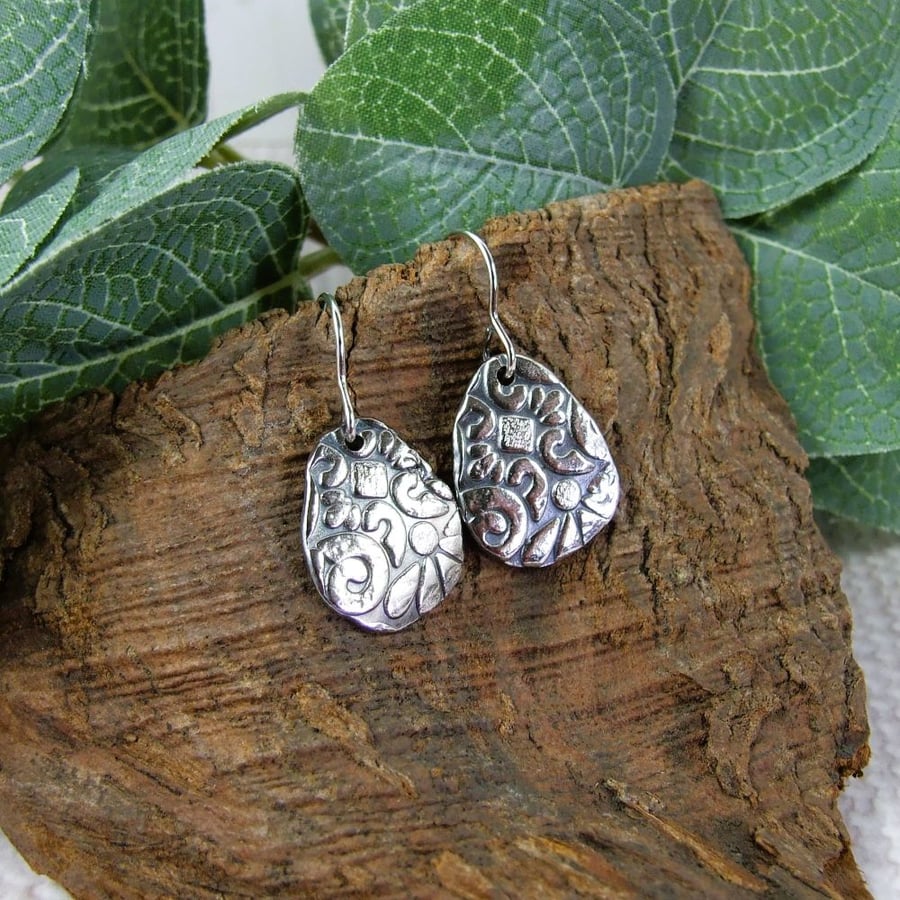 Earrings, Sterling Silver Floral Pattern Droppers