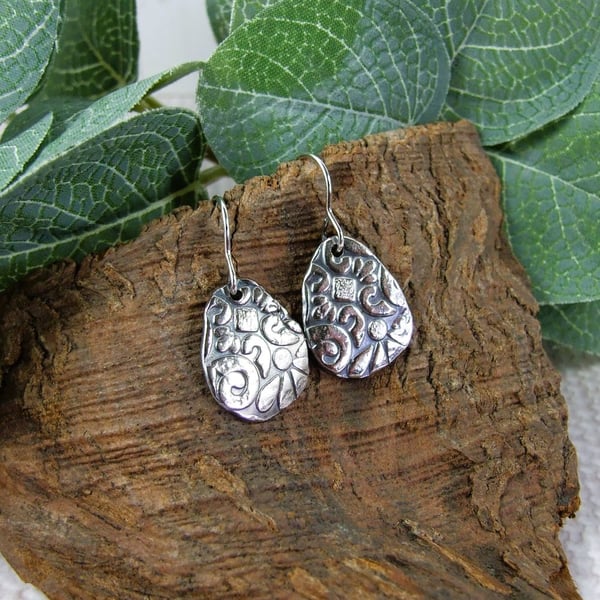 Earrings, Sterling Silver Floral Pattern Droppers