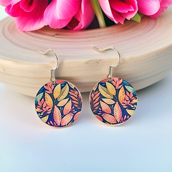 Drop earrings, pink, yellow blue leaf discs on sterling silver ear wires (29)