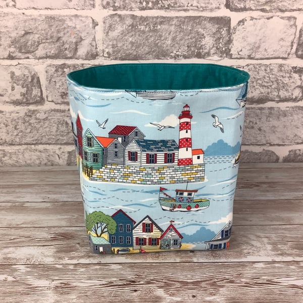 Seaside Beach Hut Fabric Basket, Seafront storage bin, Storage pouch, Handmade