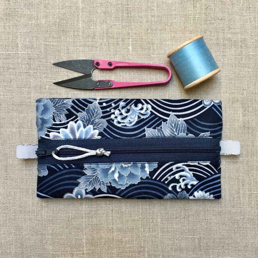 Silver and Blue Japanese Waves and Flowers Trinket Pouch Small Zipped Case