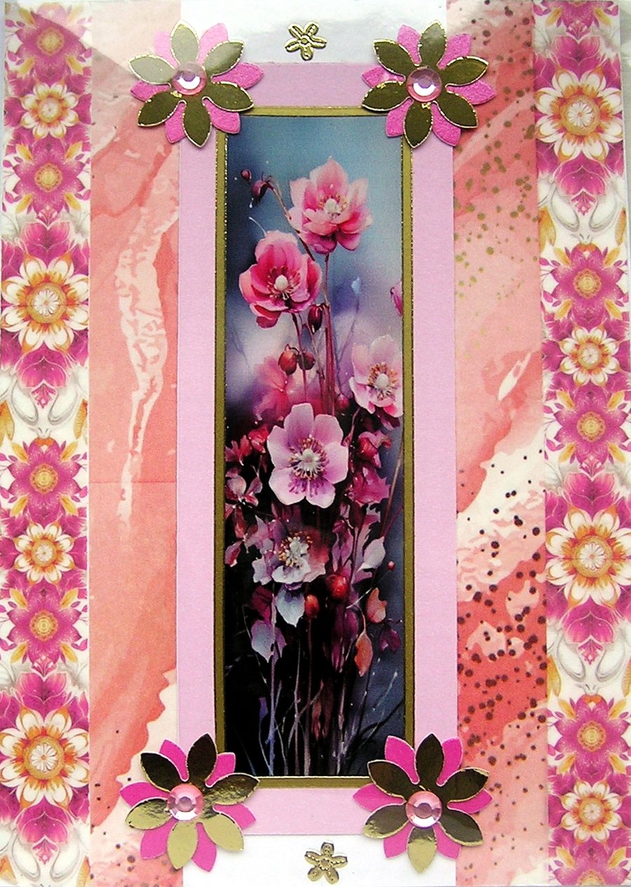 Pink Summer Blossom - Hand Crafted Decoupage Greeting Card - Blank 3077