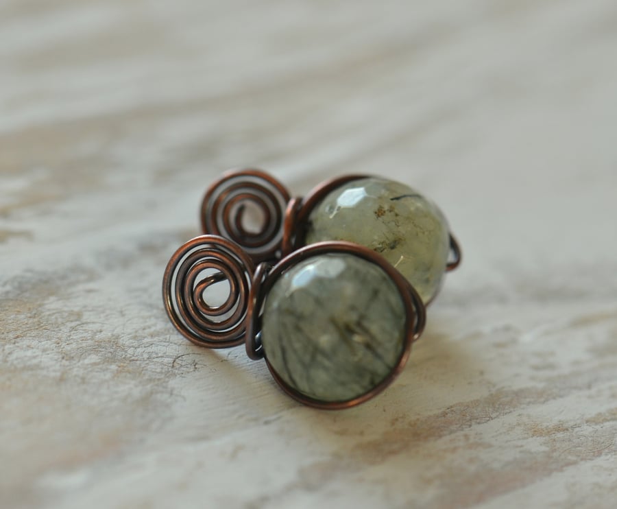 Copper Swirl Stud Earrings with Green Quartz Faceted Gemstone Beads