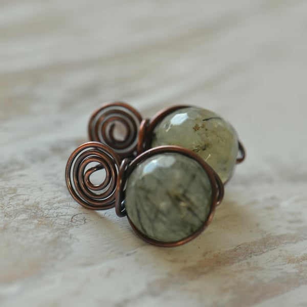 Copper Swirl Stud Earrings with Green Quartz Faceted Gemstone Beads