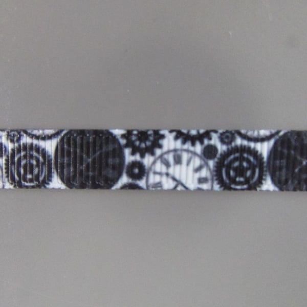 Black Steampunk Clocks 1cm Grosgrain Ribbon x 1 metre