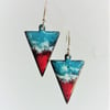 Red and teal triangle earrings in enamelled copper 166