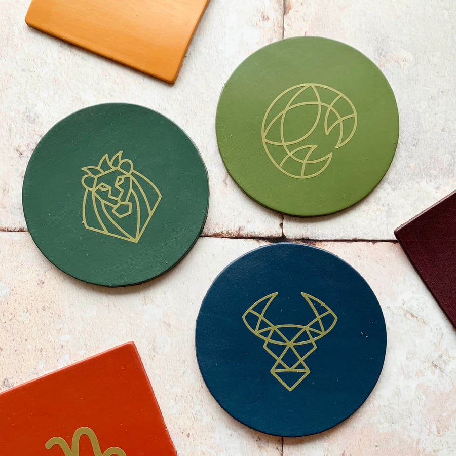 Zodiac Leather Picture Coasters, great dinner party gift.