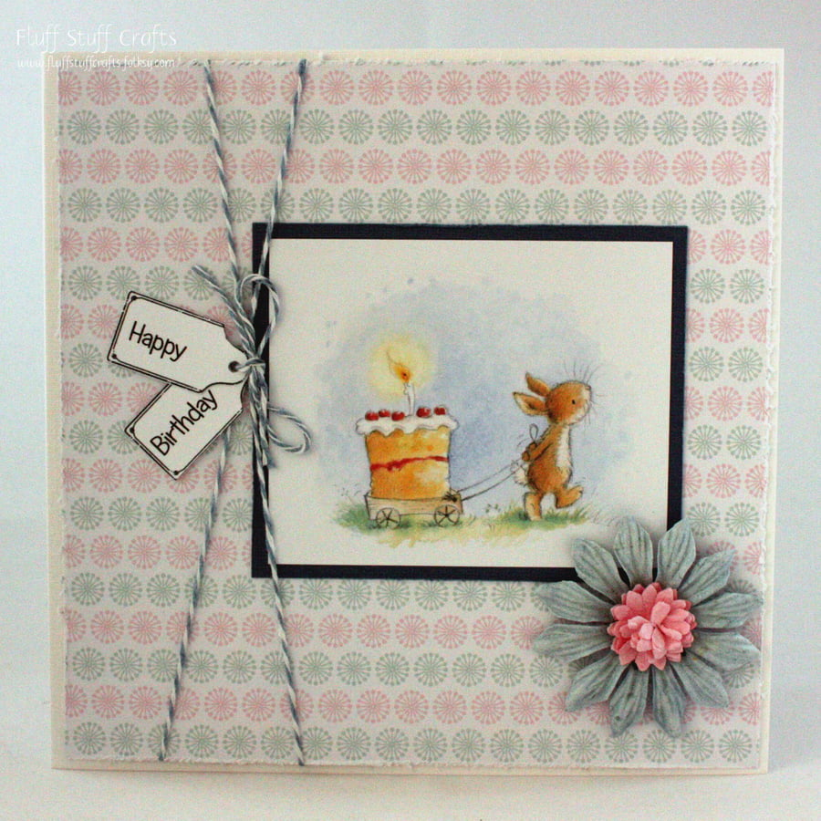 Handmade birthday card - rabbit and birthday cake