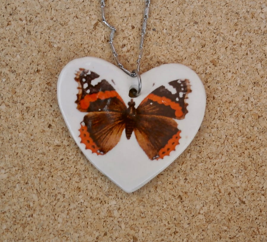 Heart pendant with butterfly, stainless steel chain, red heart, red admiral 1LL