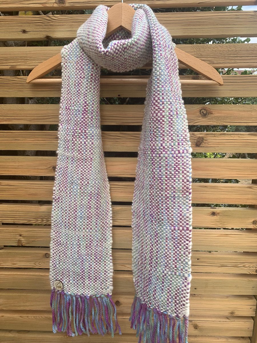 Handwoven cream, pink, green, blue and purple wool scarf