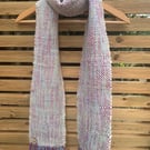 Handwoven cream, pink, green, blue and purple wool scarf