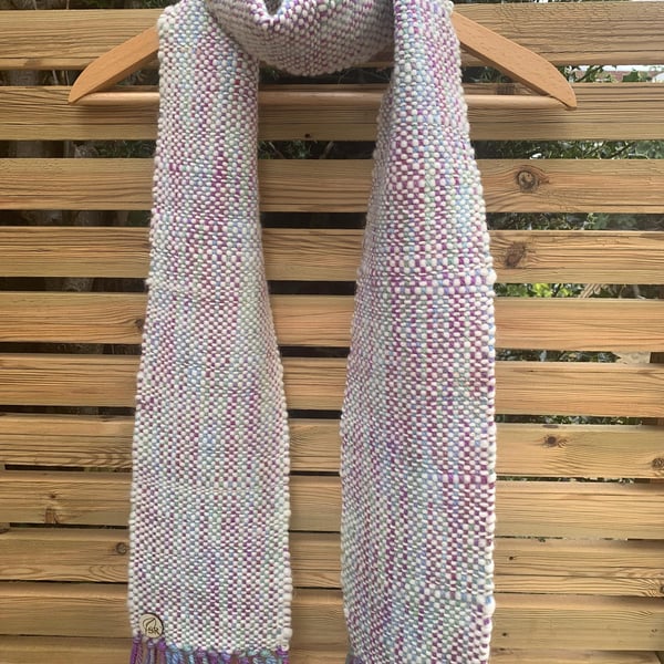 Handwoven cream, pink, green, blue and purple wool scarf