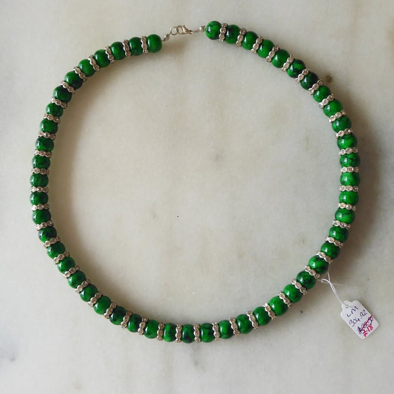 Marbled Green and Silver Necklace with Rhinestones - Summer Seconds