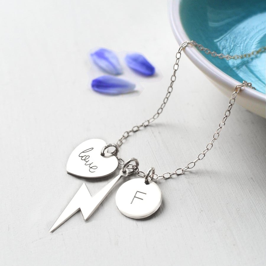 Personalised Sterling Silver Lightning Bolt, love Heart & Initial Disc Necklace