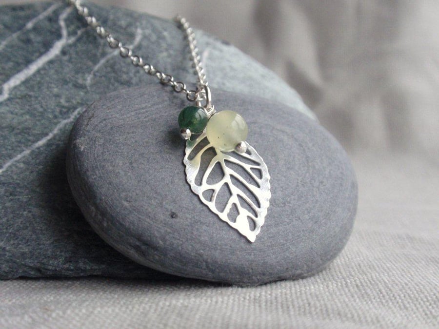 Silver leaf necklace with green jade and green moss agate