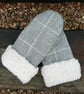 Ladies grey check british wool tweed mittens cream faux sheepskin sherpa fleece  - Image 2