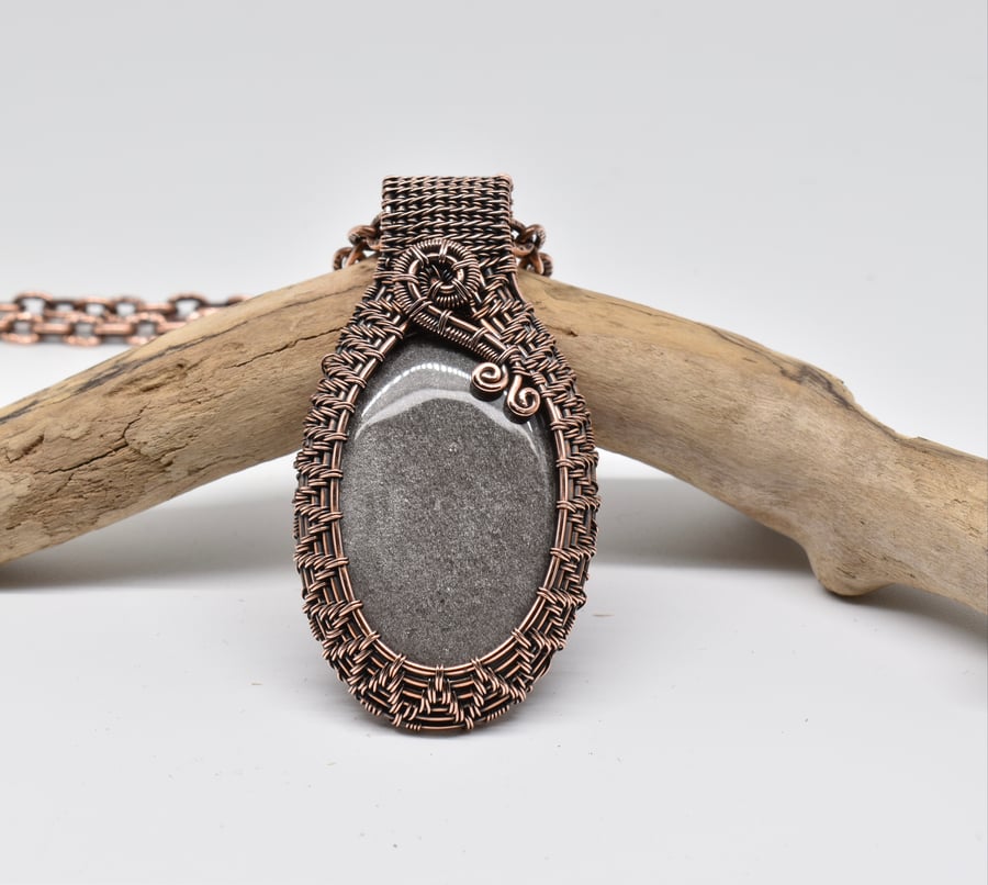Wire Woven Silver Sheen Obsidian and Copper Gothic Pendant