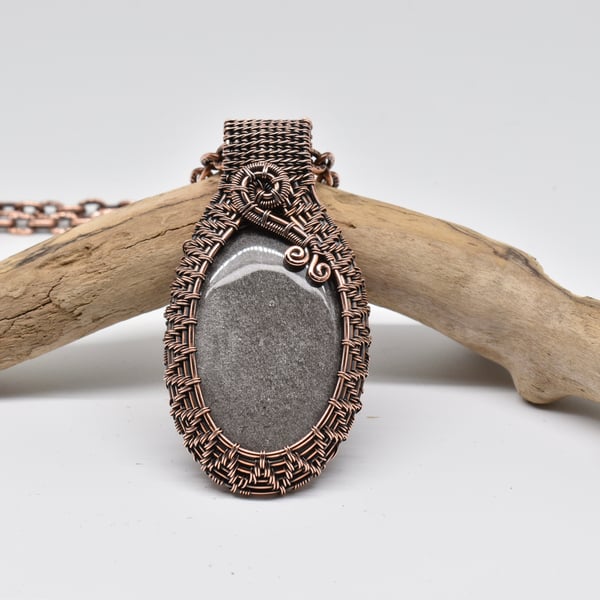 Wire Woven Silver Sheen Obsidian and Copper Gothic Pendant